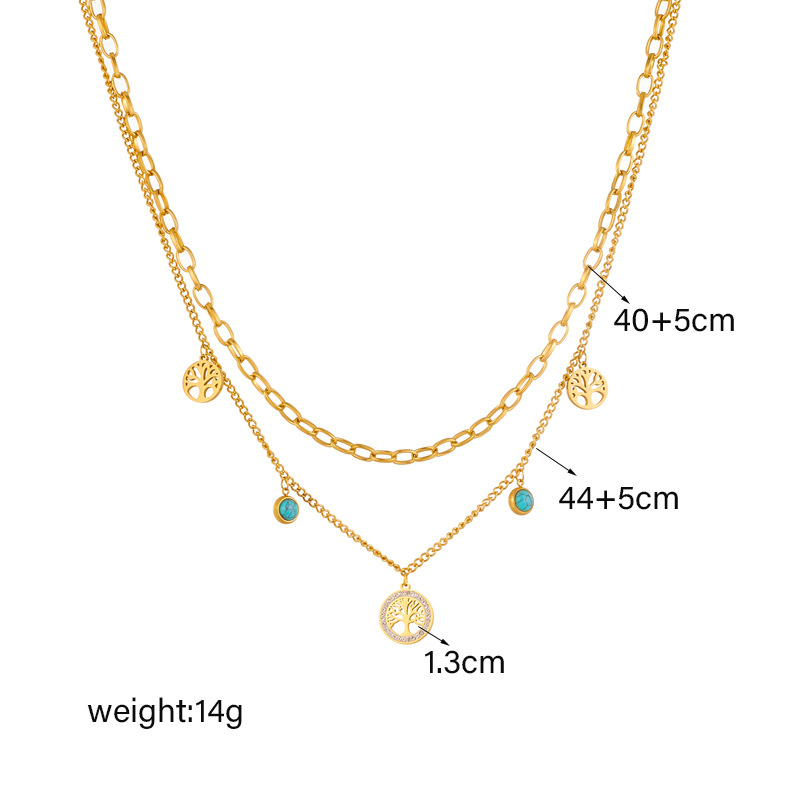 A fashionable, niche, retro, simple and high-end round diamond-encrusted life tree turquoise pendant double-layer chain necklace Application Scenario