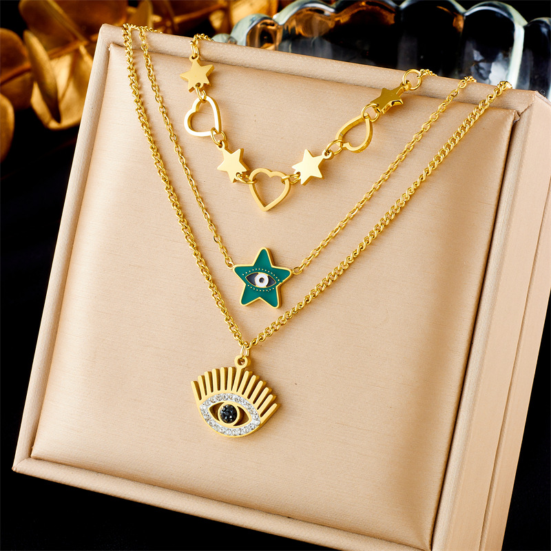 European and American fashion, creativity, individuality, retro multi-layer layered gold-plated titanium steel heart-shaped eye star-shaped accessory chain necklace full figure