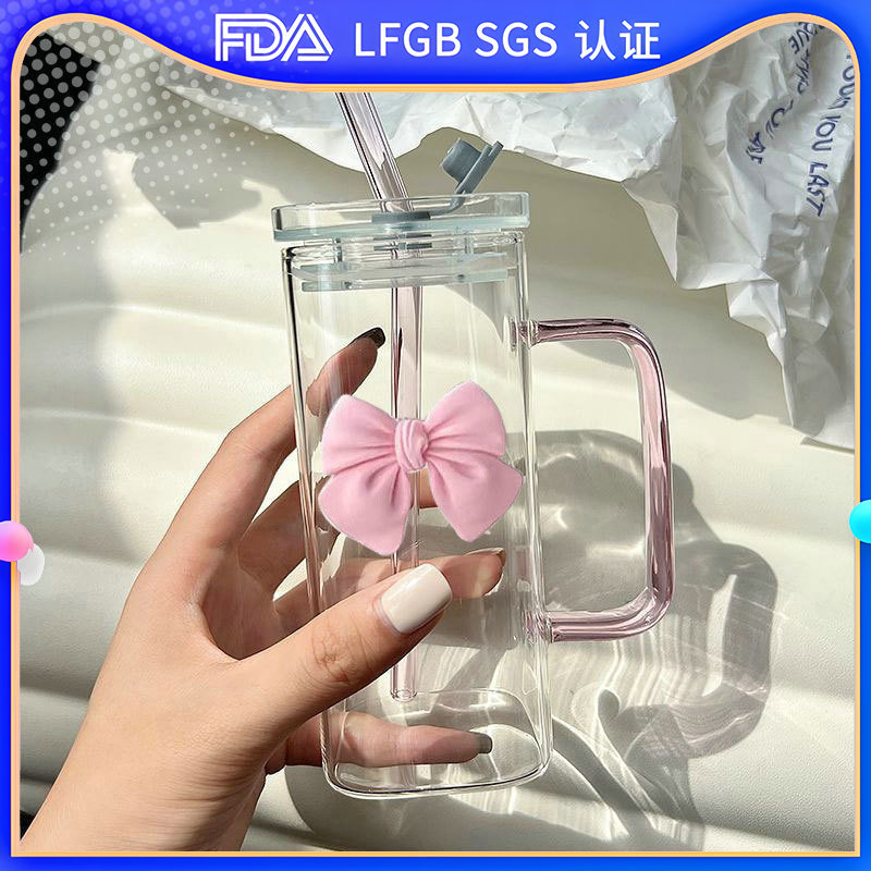 Square glass cup, cartoon household simple ins, high appearance level, straw water cup, women's high-temperature resistant flat bottom, colorful cup full figure