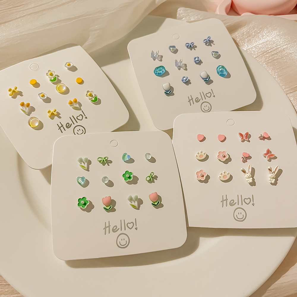 Summer new green flower ear stud set, cute silver needle, small and exquisite, fresh style earrings, ear bone stud for women full figure