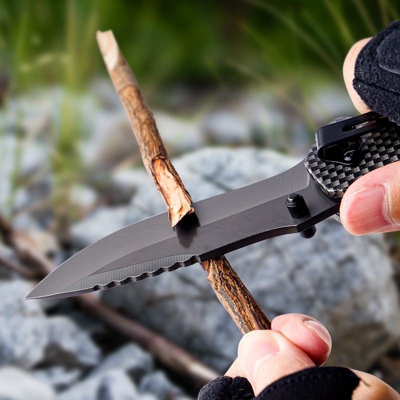 7Cr17 Outdoor Folding knife, carbon fiber texture shadow wood belt push nail folding knife, multi-functional camping survival outdoor knife Application Scenario