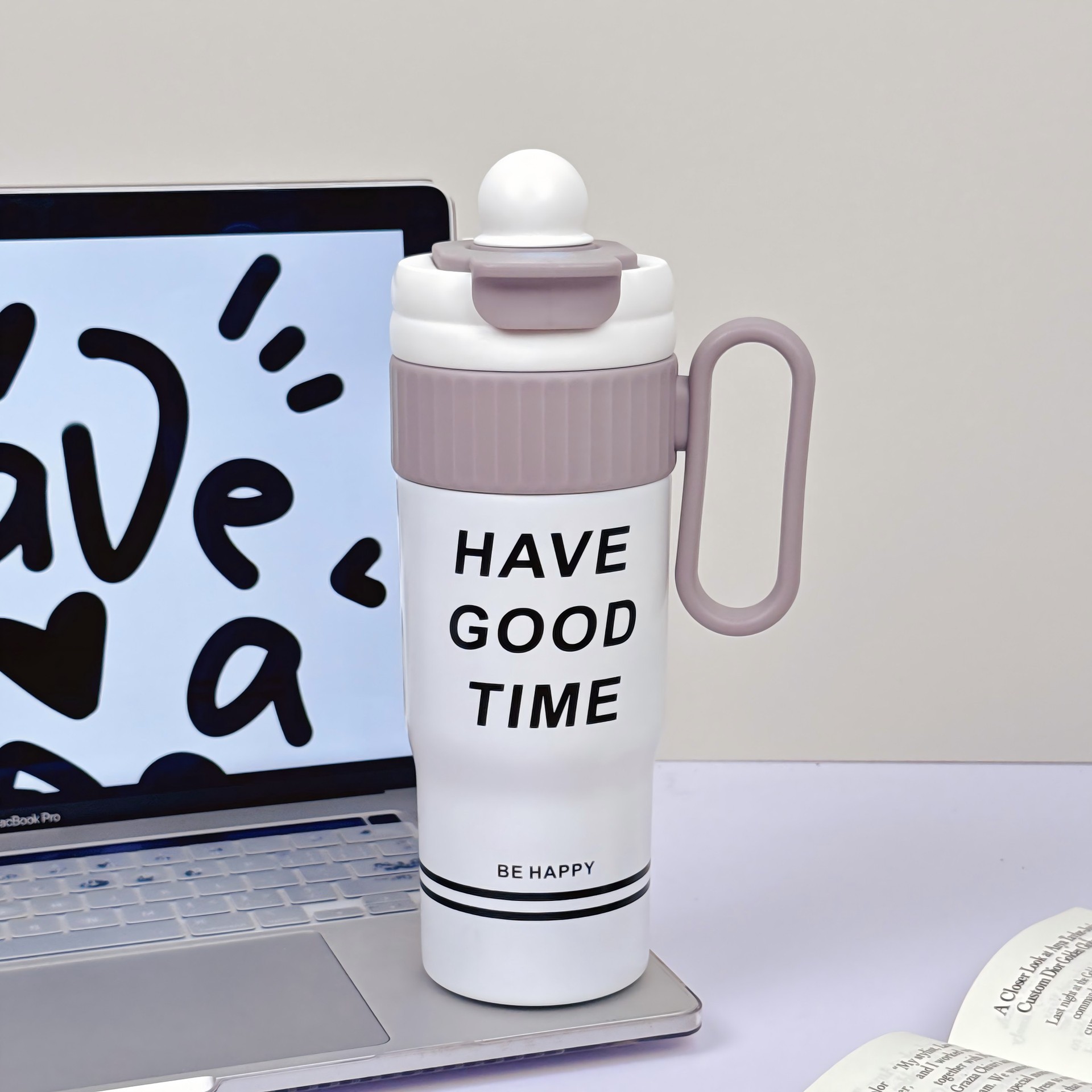 Flower language insulated cup, large-capacity office portable stainless steel water cup, high appearance level for girls, Ice King double drinking straw cup Specification drawing
