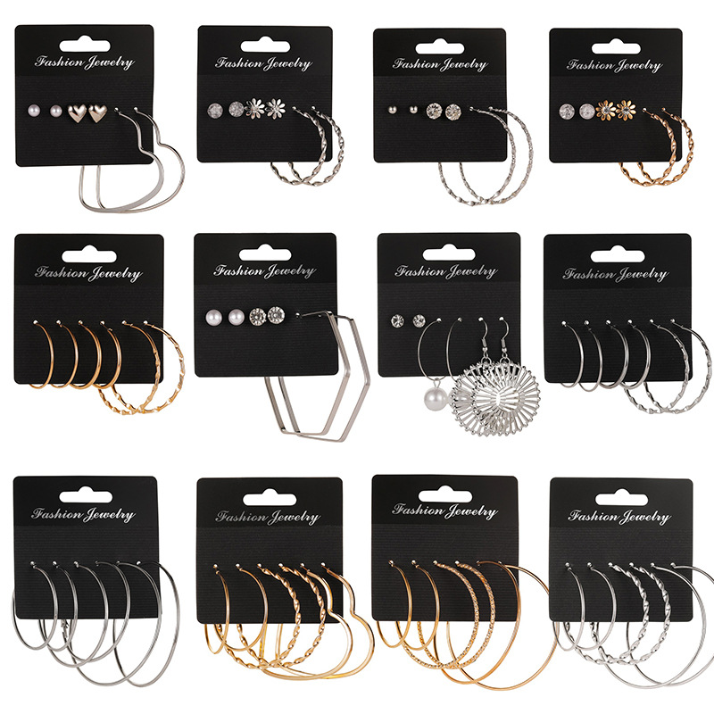 Cross-border best-selling geometric earring set combination, European and American ins style, individual and exaggerated three-piece earring set with multiple pairs of earrings full figure
