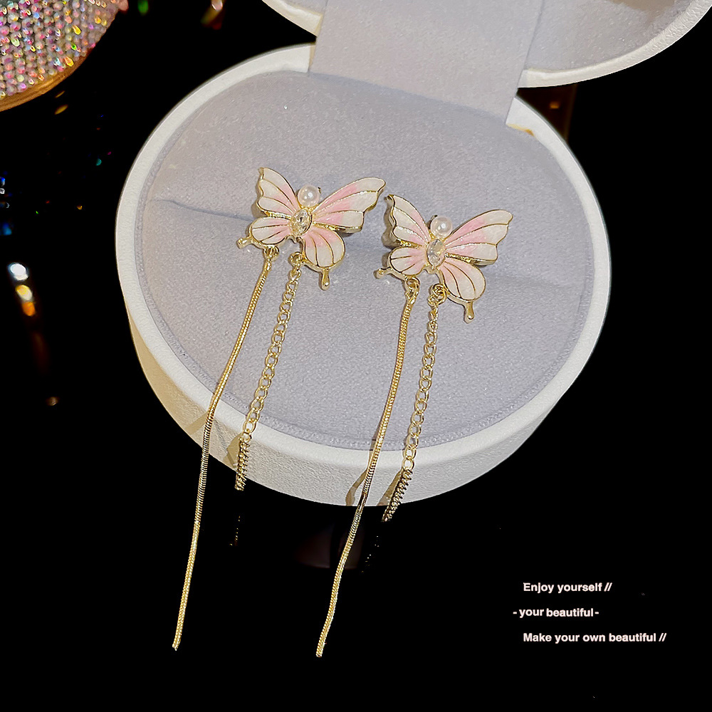 S925 Silver Needle French Romantic and Fresh Earrings, summer high-end stud earrings, light luxury style butterfly tassel earrings full figure