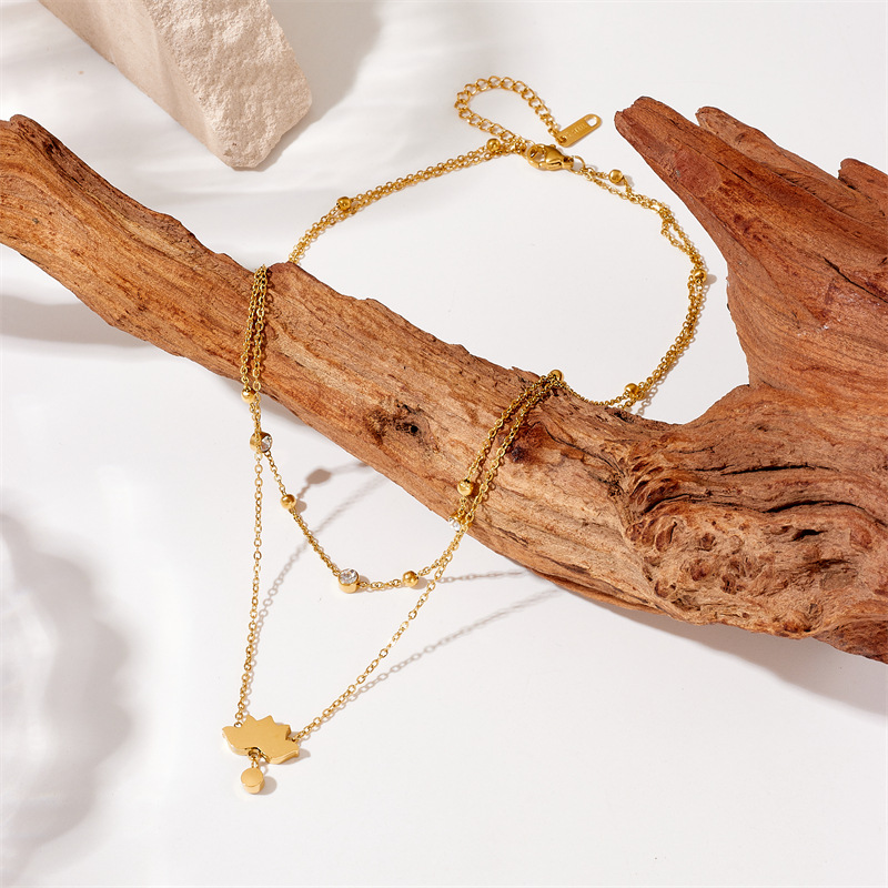 Korean version of a niche double-layer gold-plated and diamond-encrusted titanium steel chain oil-dripping lotus accessory necklace details Picture