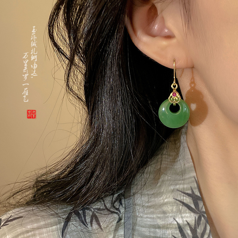 New Chinese-style dark green peace ear hook earrings for women, 2024 new bestseller, high-end stud earrings, ancient-style earrings Specification drawing