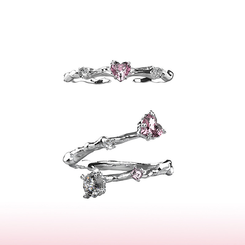 A light and luxurious, heart-shaped pink zircon layered open ring for women, a niche design with a cold style and an ins high-end feel full figure