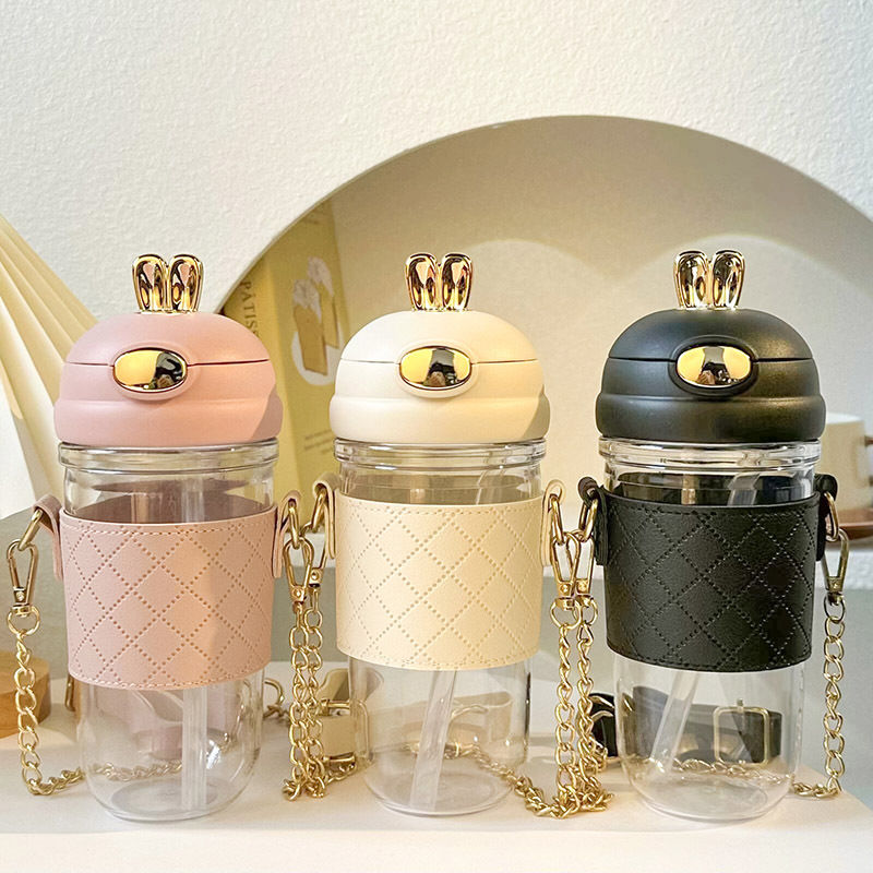 ins Little Chanel plastic cup Rabbit water cup, high appearance level, crossbody rabbit cup, Internet celebrity portable backpack with straw water bottle Application Scenario