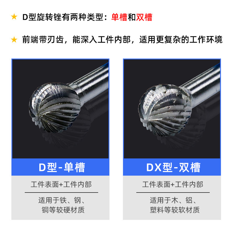 Tungsten steel grinding head, hard alloy rotary file, spherical cutter head, milling cutter, metal grinding, engraving single and double groove patterns, D-type Item Picture