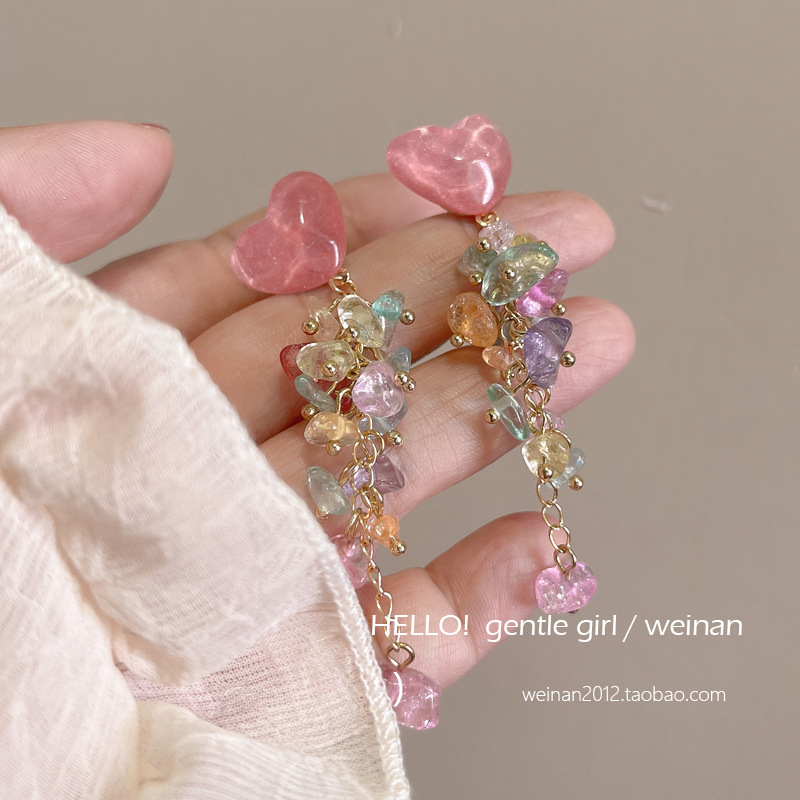 Colorful heart-shaped tassel earrings 2025 bestsellers, super fairy-like summer colorful crushed stone stud earrings, sweet and girlish earrings Specification drawing