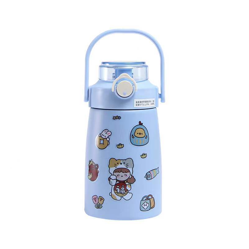Stainless steel large-capacity insulated cup, women's cartoon straw, large-bellied cup, internet-famous children's high appearance level water cup, portable water bottle Item Picture