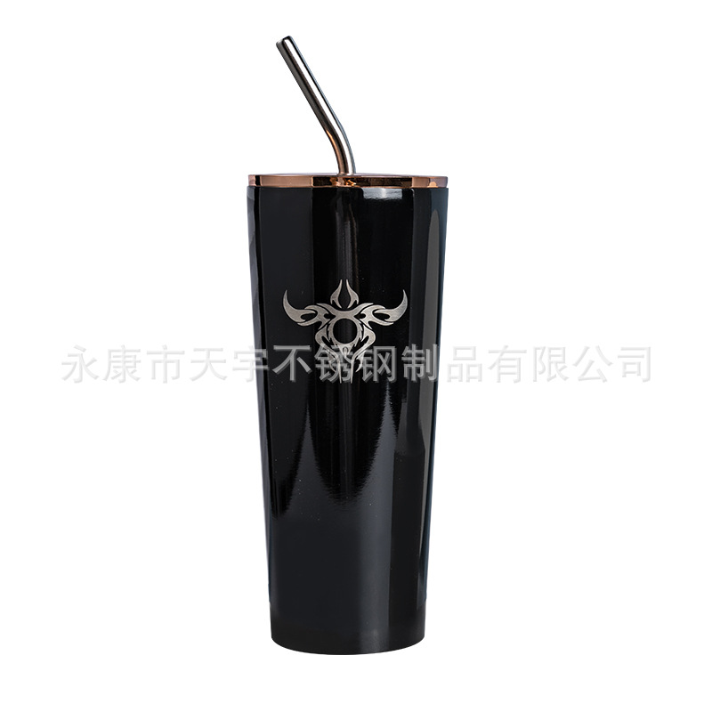 Double-layer high-appearure-level straw cup, large-capacity 304 stainless steel insulated cup, couple coffee travel cup, water cup Item Picture