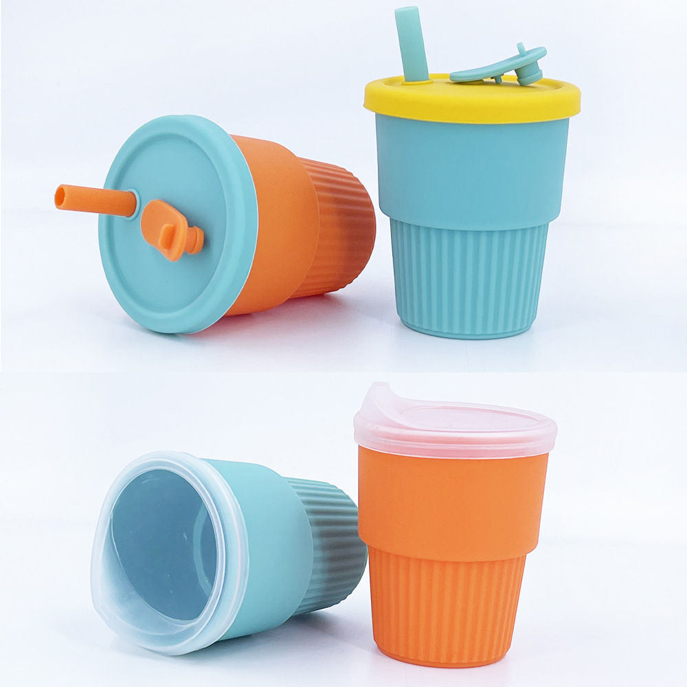 Amazon's new silicone lid-covered straw cup, portable high-temperature resistant drinking cup, anti-drop straight tube baby water cup details Picture