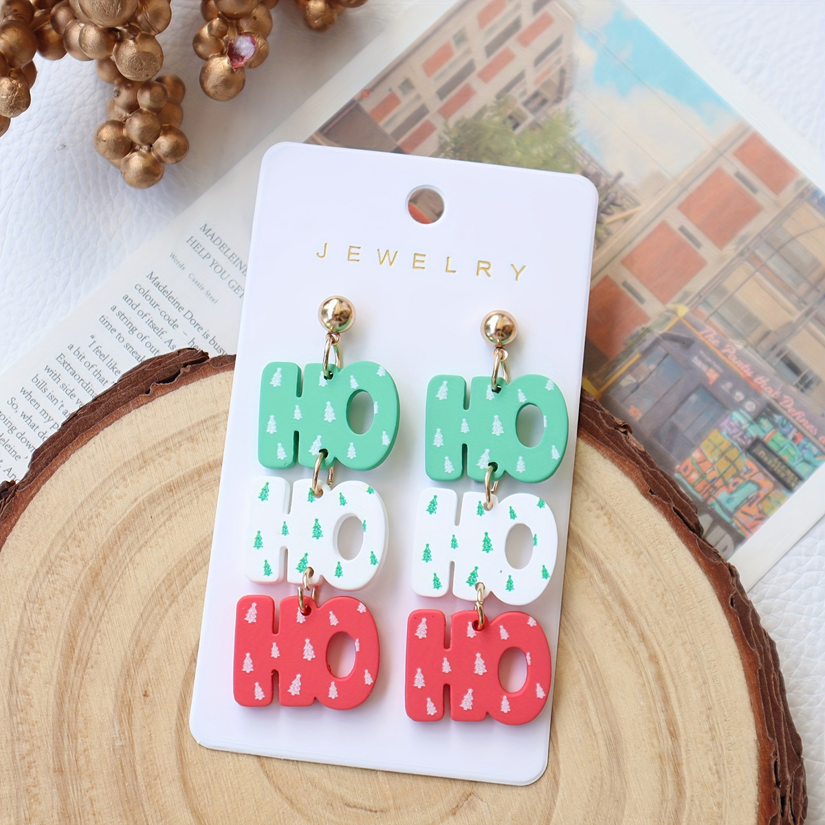 Christmas acrylic imitation soft clay lacquer earrings HO personalized letter Christmas tree print earrings, holiday earrings for women details Picture