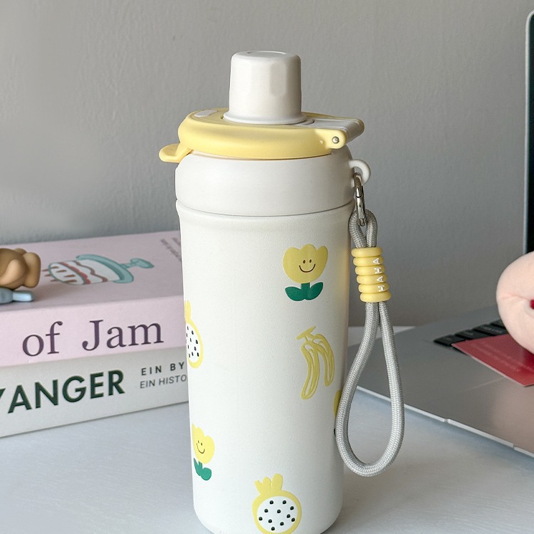 New 316 stainless steel insulated cup, dopamine cute girls' flower tea cup, outdoor portable lifting rope, double drinking straw Specification drawing