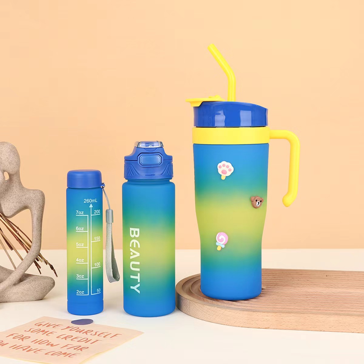 Cross-border gradient ice cube cup three-piece set, high appearance level, 40oz plastic cup, large capacity, portable, hand-held straw water cup Application Scenario