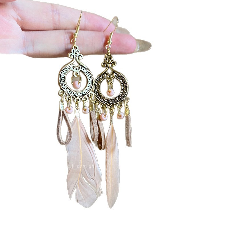 Super fairy tassel feather ear hooks, retro ethnic style Bohemian earrings, high-end long earrings, internet-famous earrings Item Picture