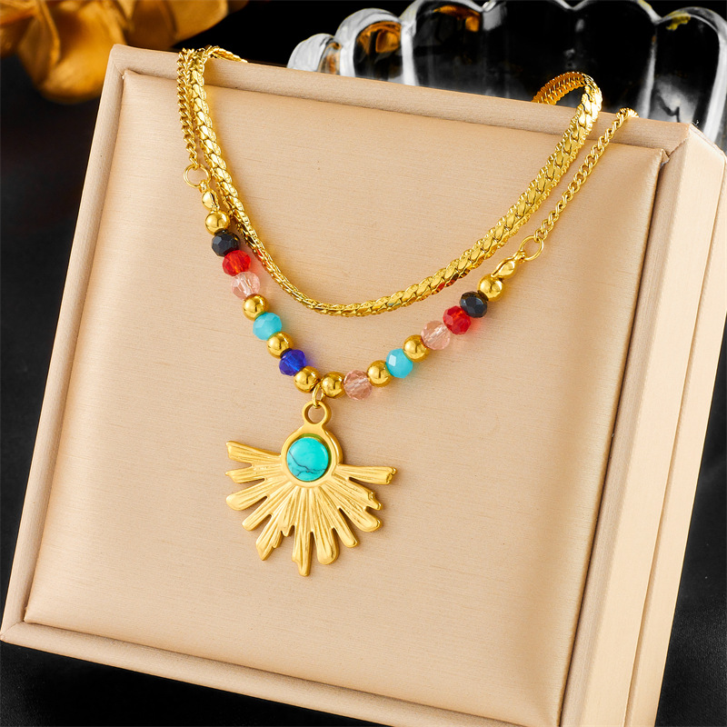 European and American niche design ethnic style colorful beaded fan-shaped turquoise stainless steel gold-plated pendant chain necklace full figure