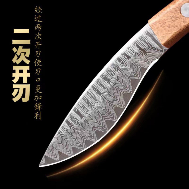 A Damask patterned hand-forged meat knife with a leather case is available for barbecuing, camping, outdoor use, and fruit knives details Picture