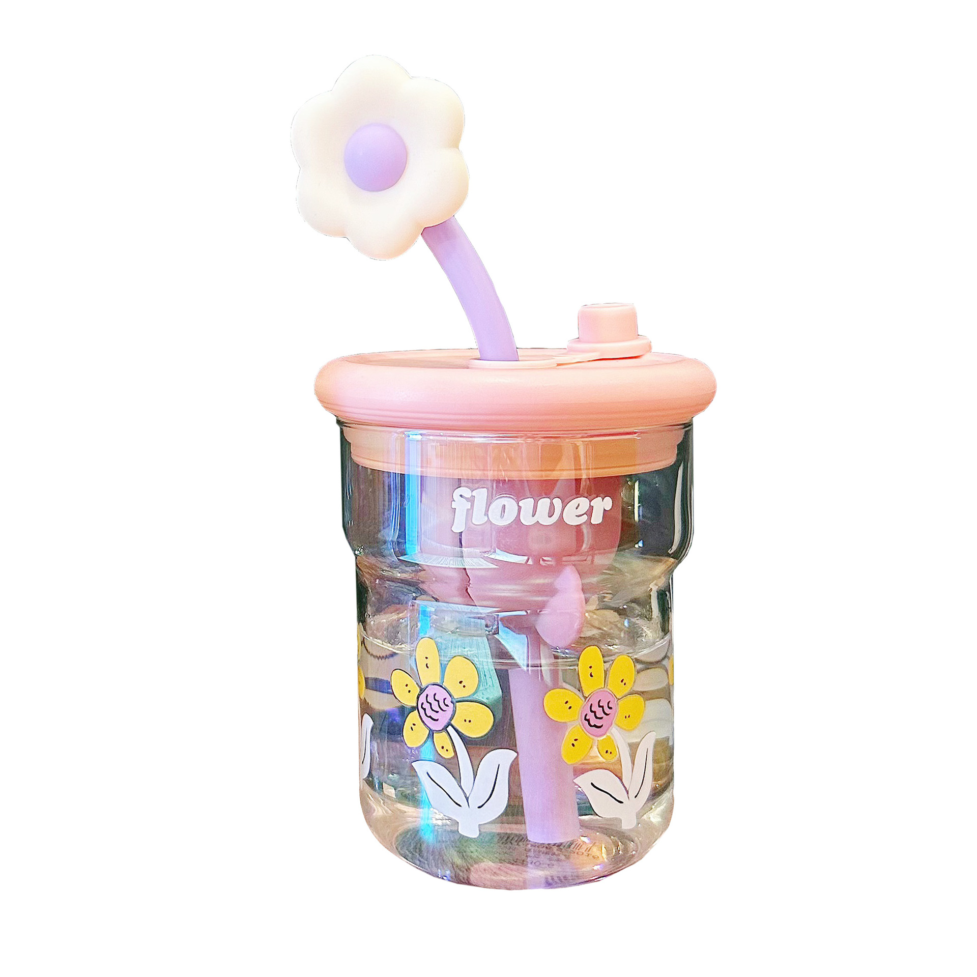 High appearance level little flower girl water cup with filter screen high borosilicate glass cup, high-temperature resistant girls' office tea-making straw cup Item Picture