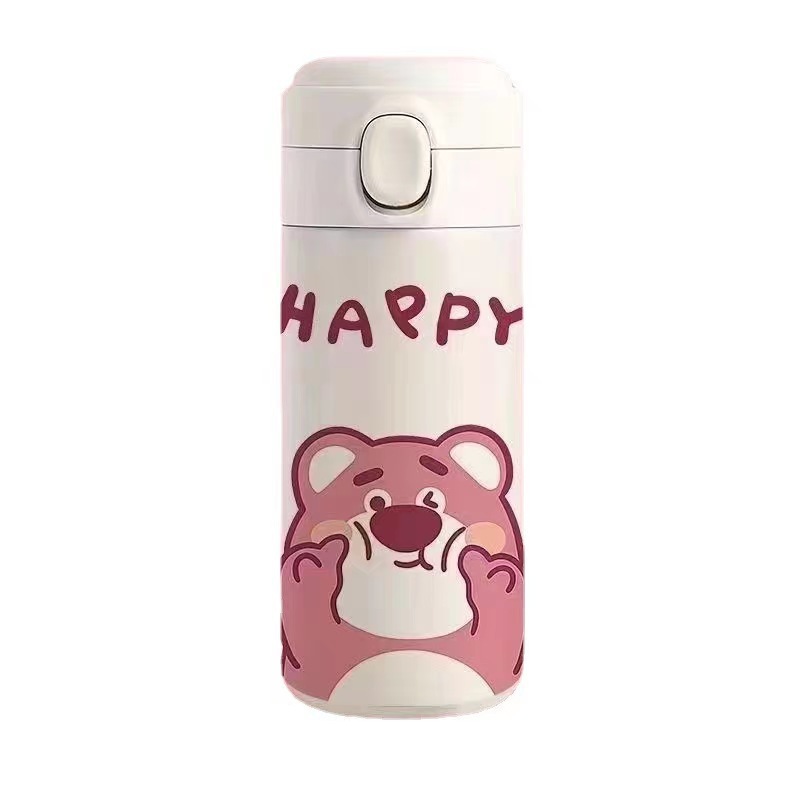 Cute cartoon insulated cup, strawberry bear bouncing stainless steel pea cup, girls' high school appearance level, large-capacity student water cup Item Picture