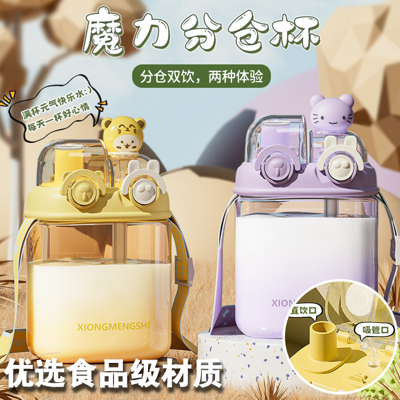 High appearance level water cup, portable anti-drop children's drinking cup, cute double-drinking cup, straw cup, plastic cup, summer cold water cup details Picture