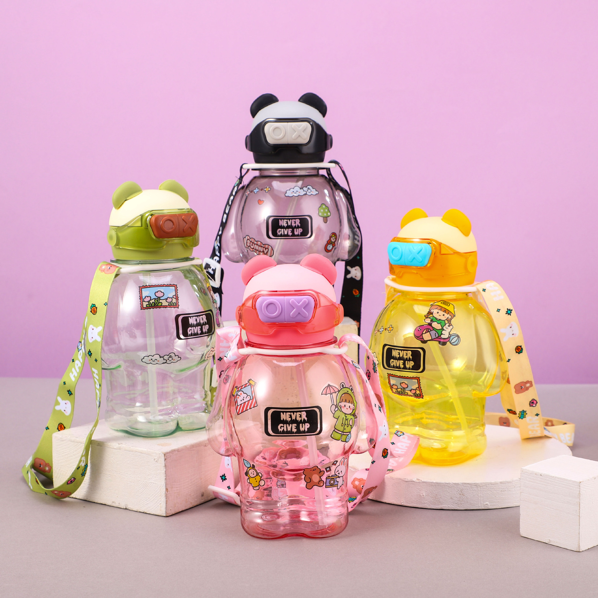 New creative vest bear water cup, summer cute children's straw cup, student outdoor portable plastic water bottle full figure
