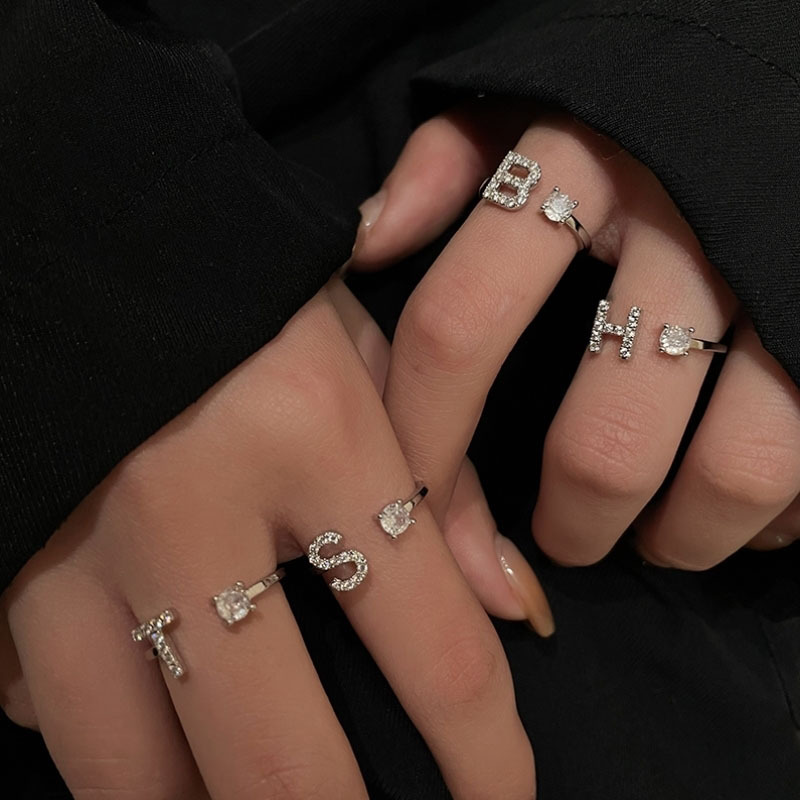 French high-end, light luxury letter-shaped zircon open ring, women's personality, Instagram niche design, cold style ring trend full figure
