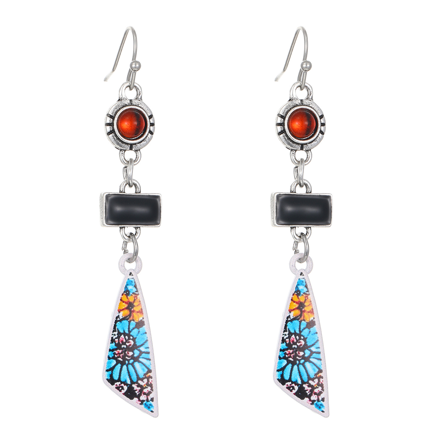 European and American cross-border jewelry, retro ethnic style, creative, niche and individual earrings, women's geometric patchwork color-blocking earrings and accessories Item Picture