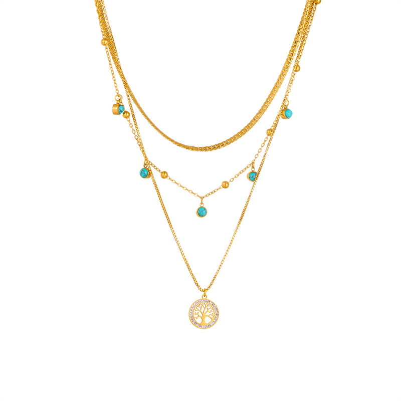 Fashionable and elegant, simple design sense, multi-layer overlapping collarbone chain, life tree, turquoise pendant, titanium steel necklace Item Picture