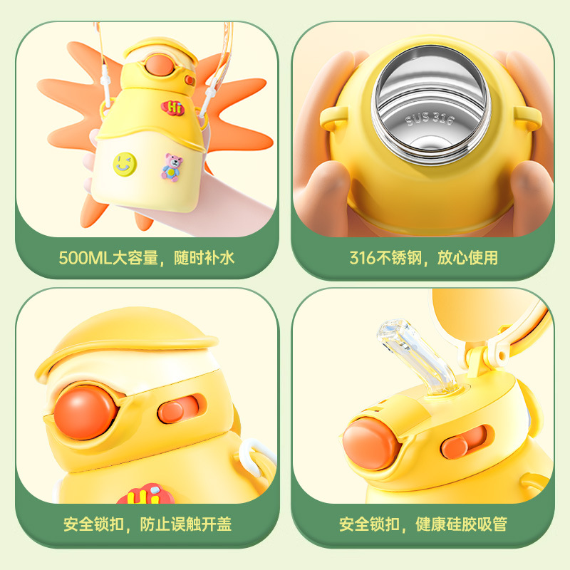 Customized high-appearation-level cartoon children's insulated cups, 316 stainless steel large-capacity water cups, student portable straw cups details Picture