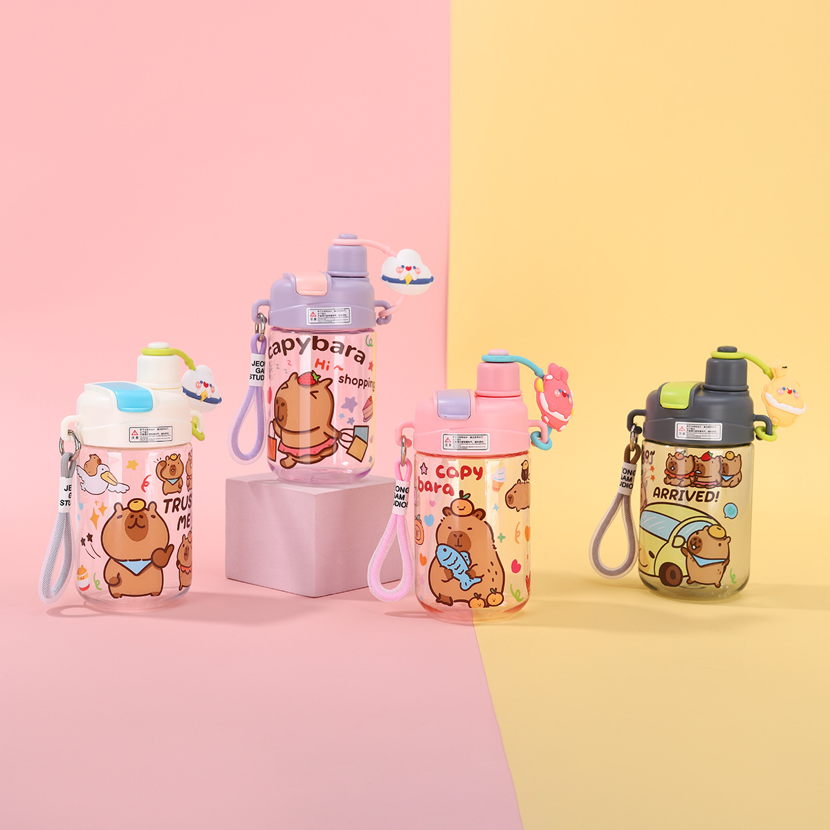 The new Capibara cartoon plastic cup large-capacity leak-proof children's water bottle comes with a drawstring straw cup for wholesale full figure