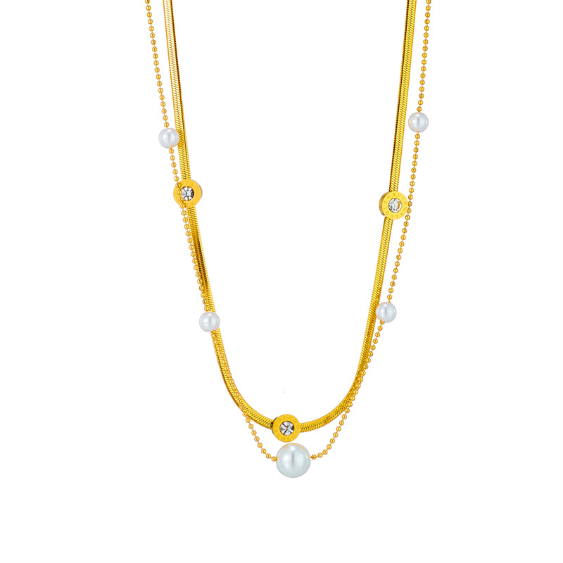 European and American double-layer pearl Roman numeral round plate diamond-encrusted accessory titanium steel jewelry, retro and versatile collarbone necklace Item Picture