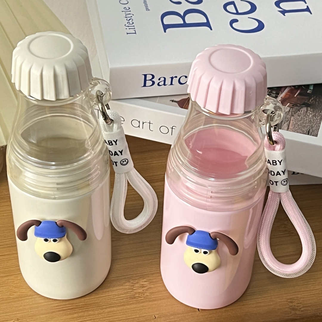 Korean InS-style candy-colored portable water bottle with a detachable handle and a double-section leak-proof plastic water cup on the back Specification drawing