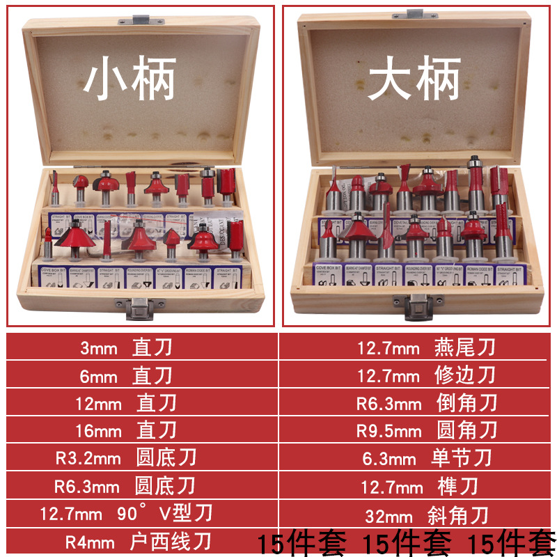 12-piece and 15-piece sets of woodworking milling cutters, woodworking knife sets, wooden box sets, 1/4 handle, 1/2 handle, fine decoration edge knives Application Scenario