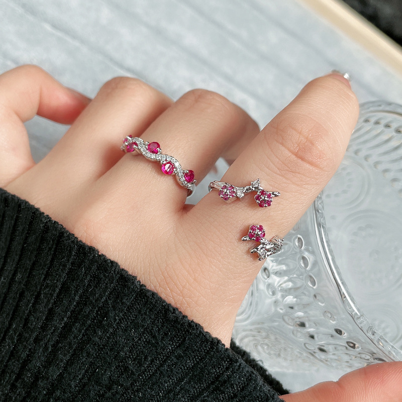 A new cross-border rose red zircon thorn plum blossom open ring for women's ins, with a cold style, niche and high-end feel details Picture