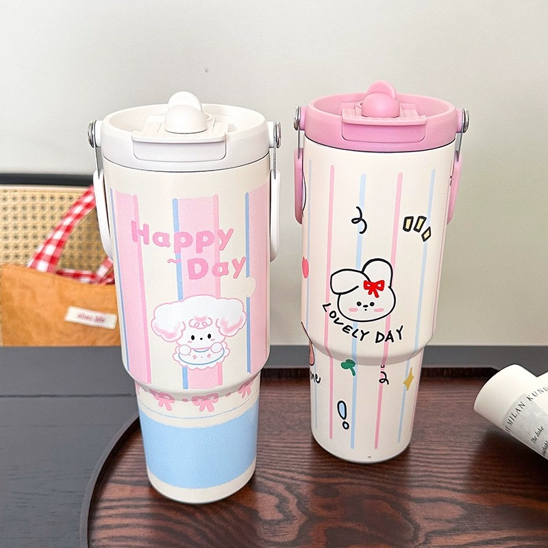 New cartoon ice cup, double-drinking, high-appearation-level cold water cup, large-capacity portable hand-held office coffee insulated cup details Picture