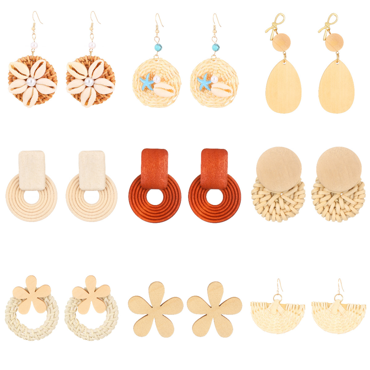 European and American geometric wooden threaded earrings, water drop petal earrings, women's Bohemian ins ethnic style earrings and accessories full figure