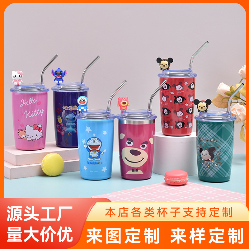 The popular stainless steel straws with high appearance level strawberry bear insulated cup, heat and cold preservation coffee cup, office insulated cup full figure
