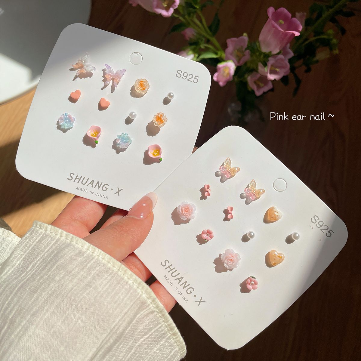 Summer Butterfly One-week Stud earrings, silver needle for girls, pink, sweet, fresh and gentle, small floral resin earrings full figure