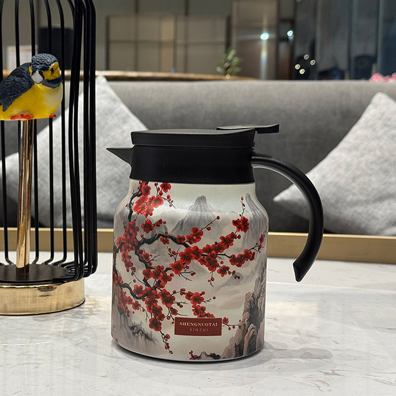 Chinese-style retro printed stainless steel stewed teapot with wooden handle, full-color insulated stewed teapot and water bottle, tea-water separation gift details Picture
