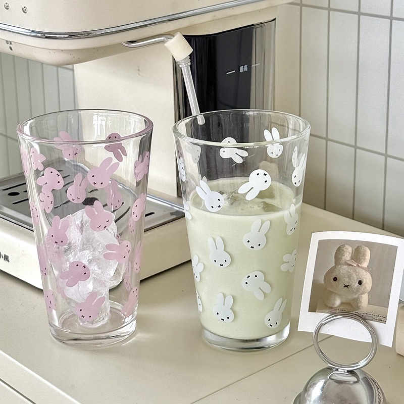 Ins-style cute glass cup print new water cup rabbit high appearance level large capacity milk coffee cup glass cup full figure