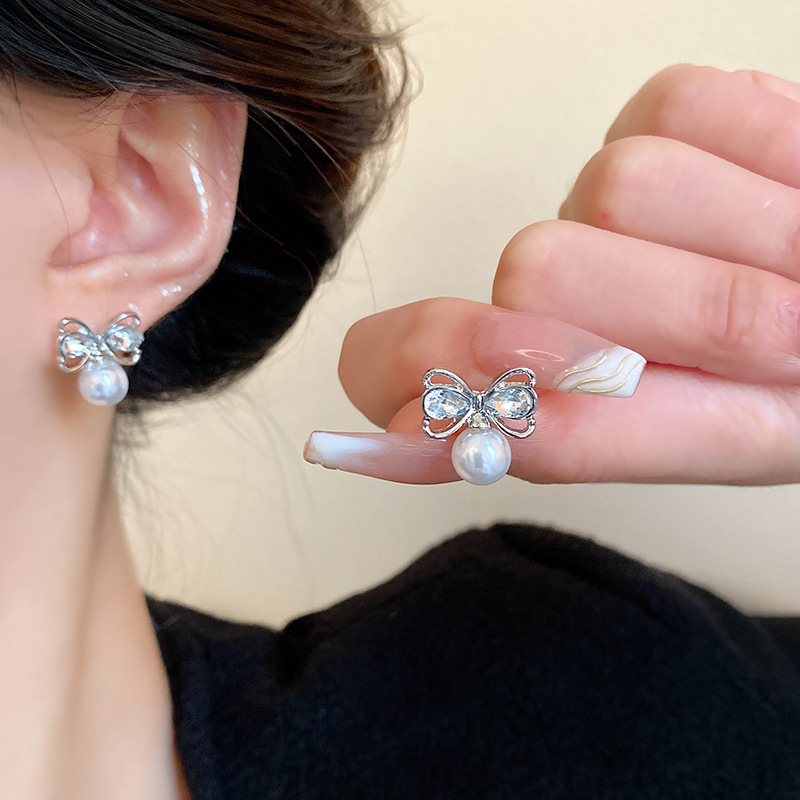 925 Silver Needle Exquisite Zircon Bow Pearl Stud Earrings for Women, new 2024 trendy, high-end and light luxury earrings details Picture