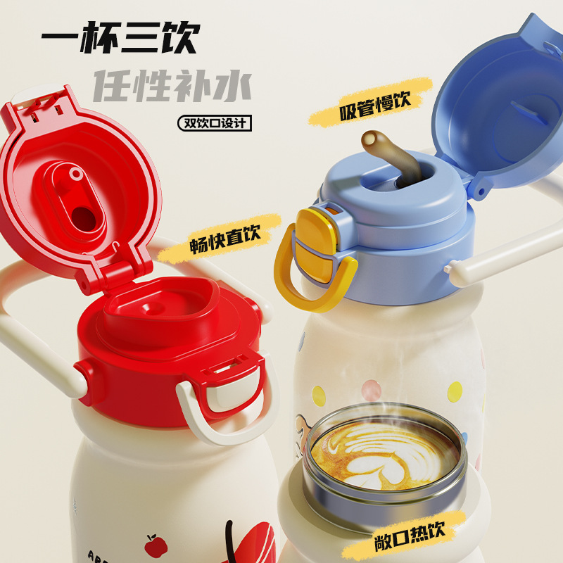 Cartoon children's straw cup, 316 stainless steel portable water cup, high appearance level, cute and fun, children's adorable double-drinking insulated cup details Picture