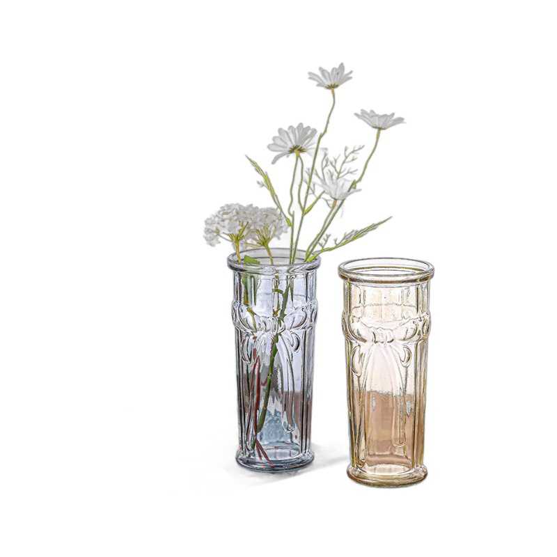 Simple glass vase, tall straight tube, embossed glass vase, home flower arrangement, water care, living room decoration, dried flower vase Item Picture