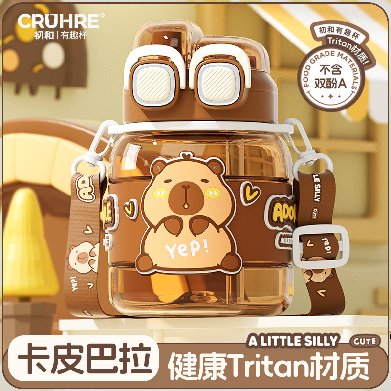 High-appearure-level cartoon children's water cup, large-capacity double-spout student straw cup, summer slanting wide-belted drinking cup full figure