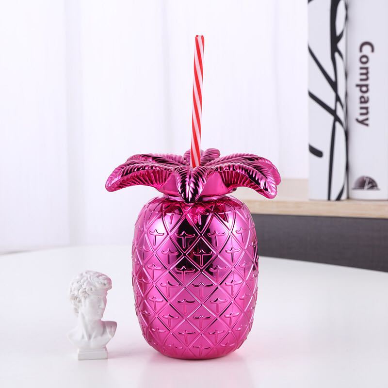 Factory direct sales, instant delivery, gold-plated and color-plated large pineapple 650ml, PET beverage bottle with straw, large water cup Specification drawing