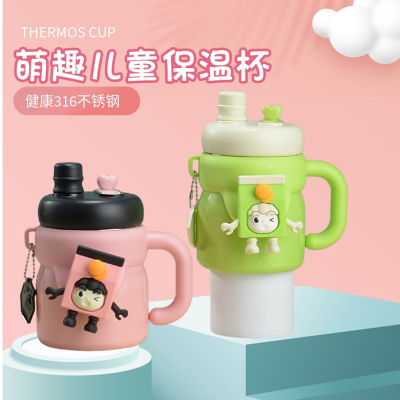 High-appearation-level cartoon 316 stainless steel children's insulated cup, double-drinking large-capacity, large-bellied cup, portable insulated cup with handle details Picture