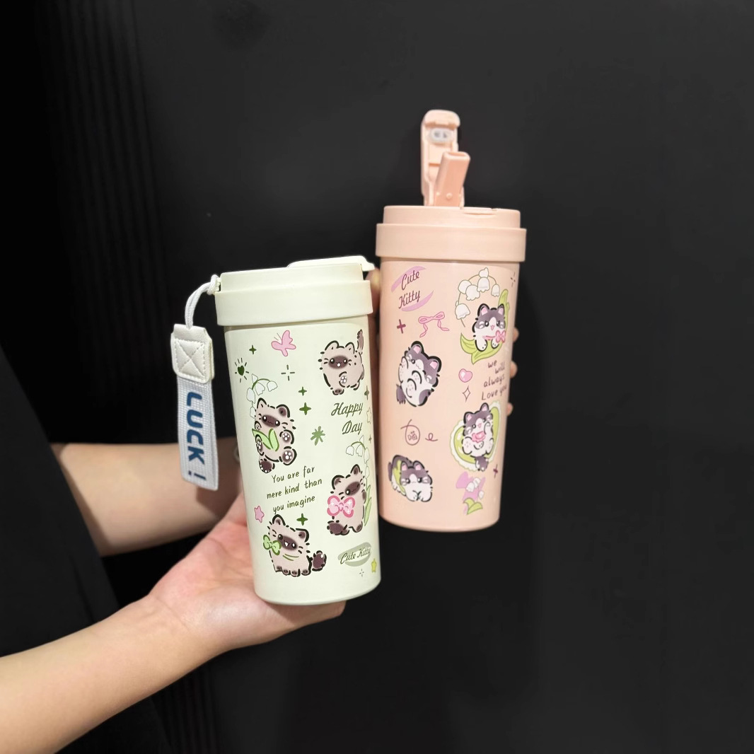 New cute insulated cup, 316 stainless steel coffee cup, portable double-drinking cup, men's and women's straw travel cup details Picture