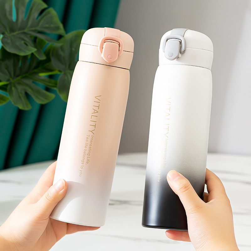 Gradient color insulated cup, Korean version, personalized and creative portable pop-up cap water bottle, trendy forest-themed car water cup for boys and girls Specification drawing